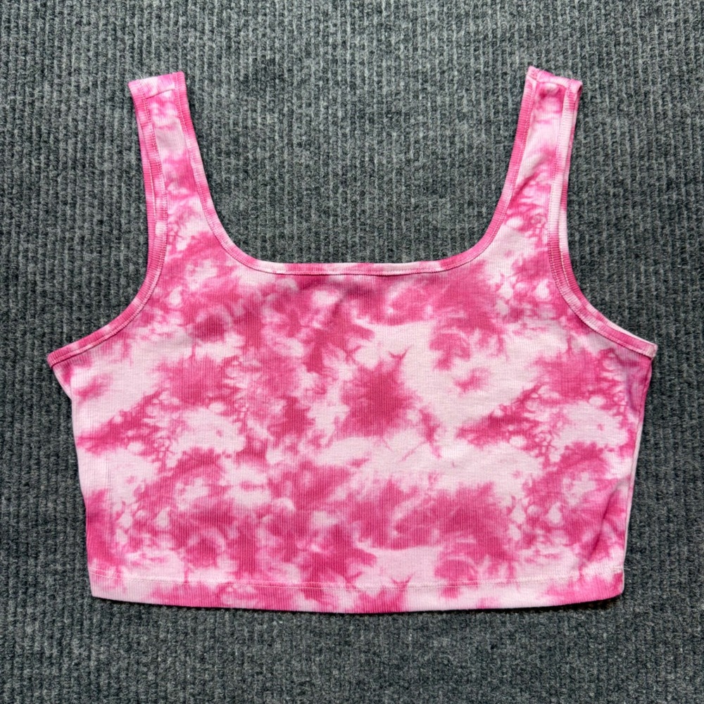 Womens Pink Tie Dye Ribbed Knit Crop Tank Top Size Large 8/10 Y2K Festival